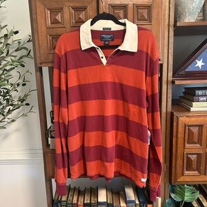 American Eagle Outfitters Red and Orange Striped Long Sleeve Polo
